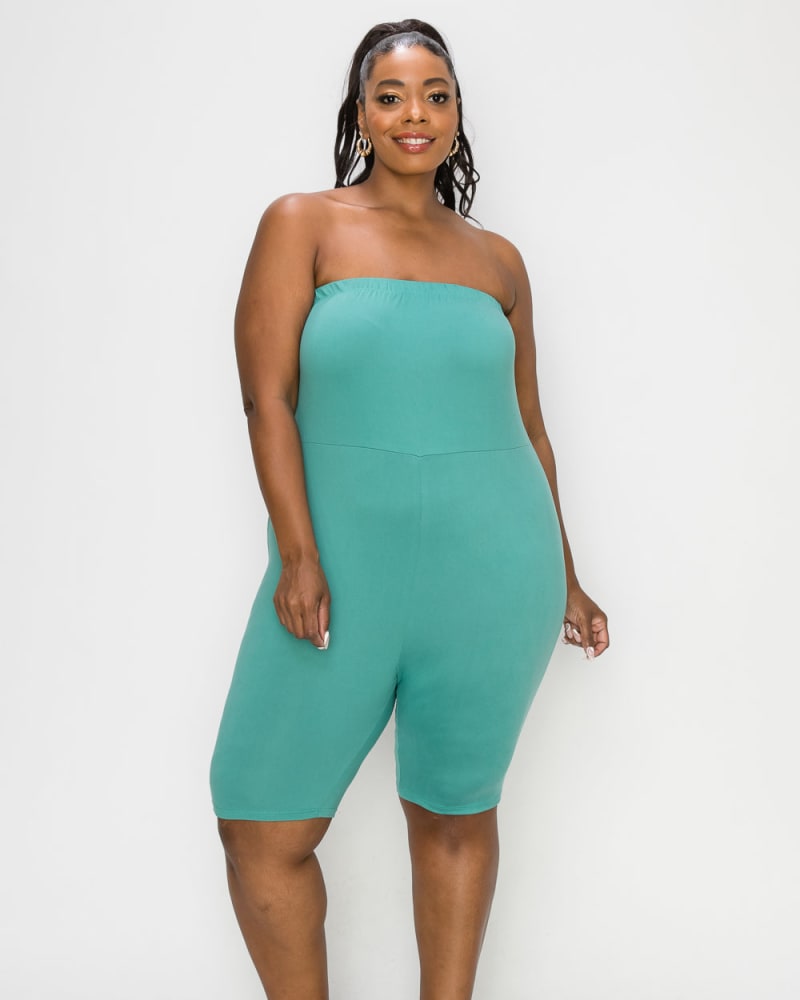 Front of a model wearing a plus size Chandler Romper in Jade Dusty by L I V D. | dia_product_style_image_id:241322